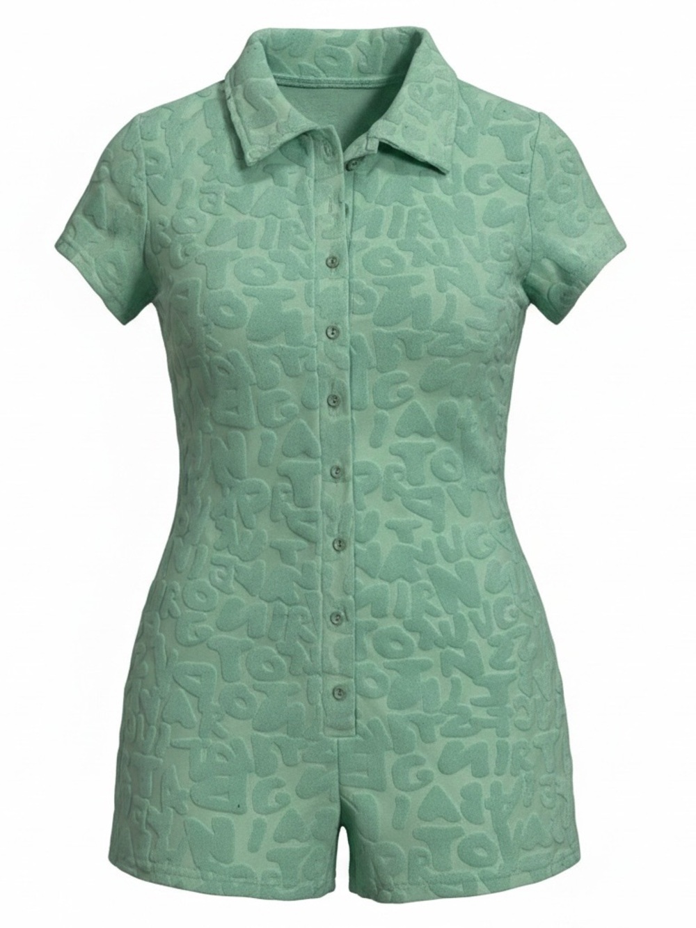 Retro Style Mint Green Terry Cloth Textured Button-Front Polo Romper